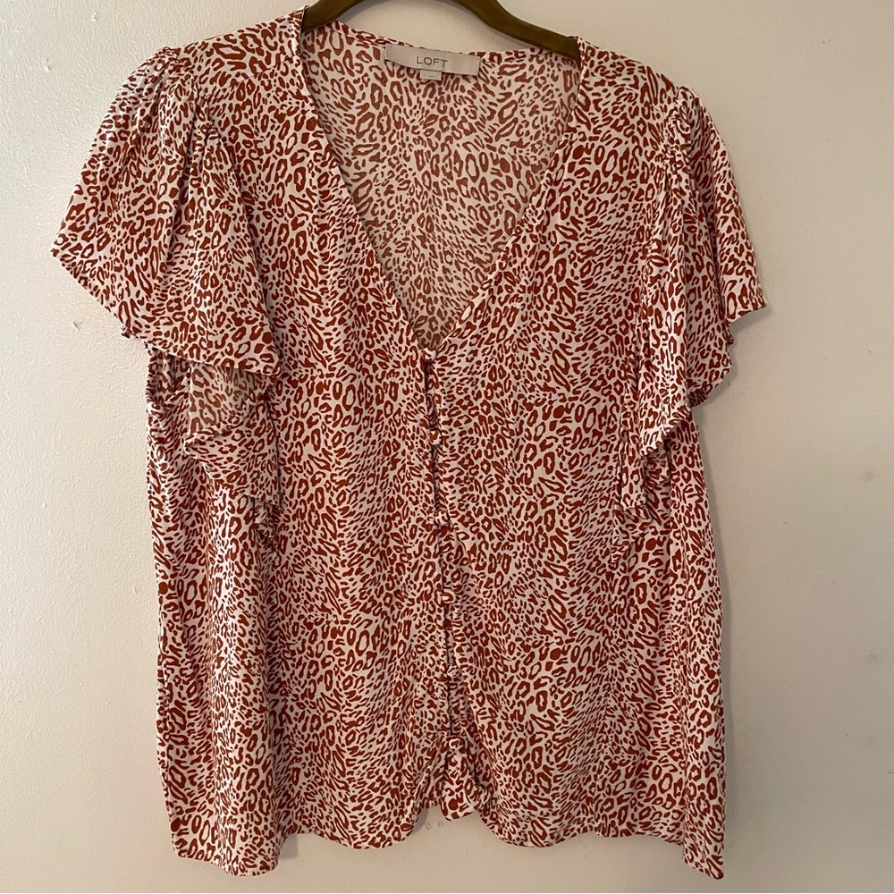 LOFT Red and White Leopard Print Blouse